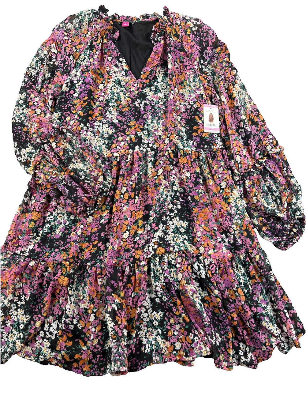 Vince Camuto Size S NWT Floral Ruffle Tunic Dress Boho Romantic Long Sleeve